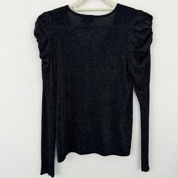 CeCe Womens Long Sleep Top Blouse Size S Metallic Ruffle Sleeve Stretch Black - Picture 5 of 7